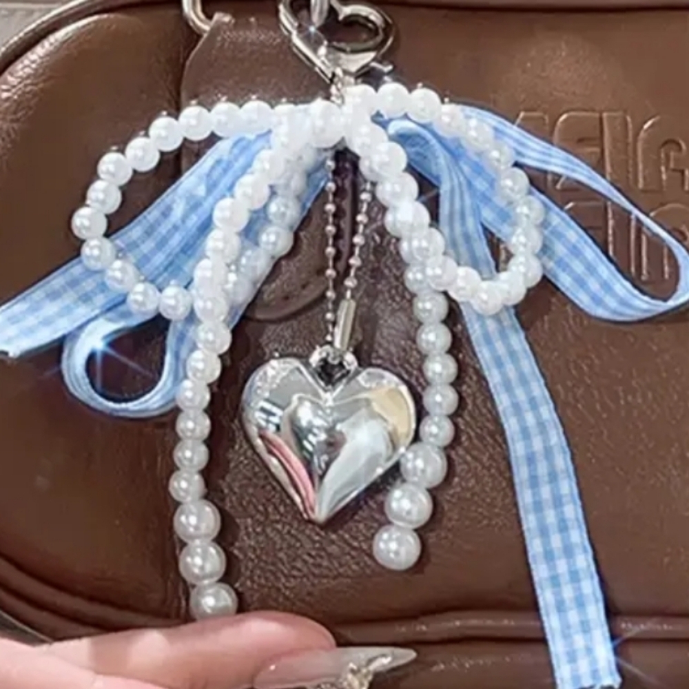 Silver Heart Key Holder with Blue Ribbon - Picture 3 of 4